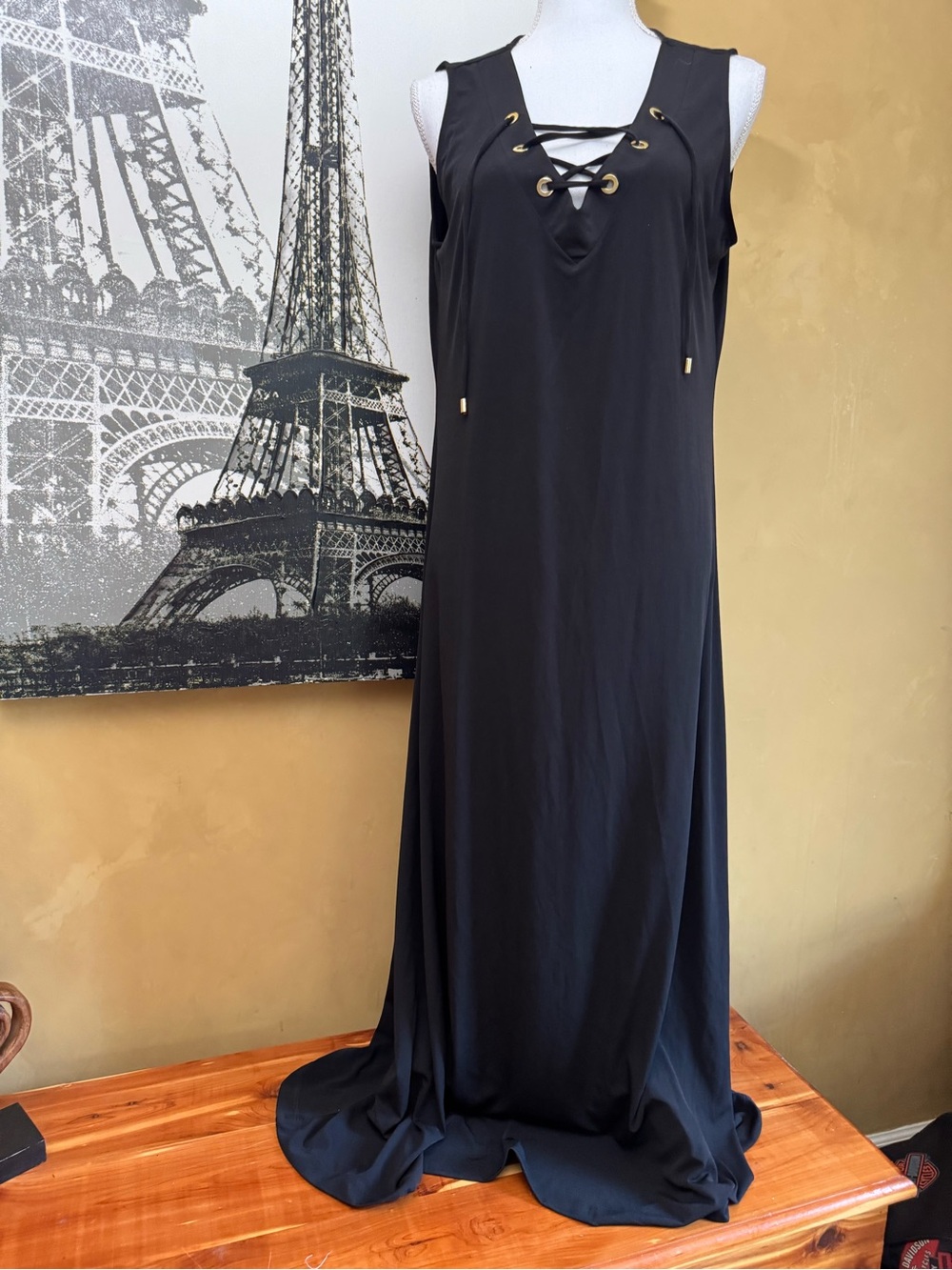 Catherine Malandrino Black Sleeveless Lace-Up Maxi with Gold Eyelet Detail